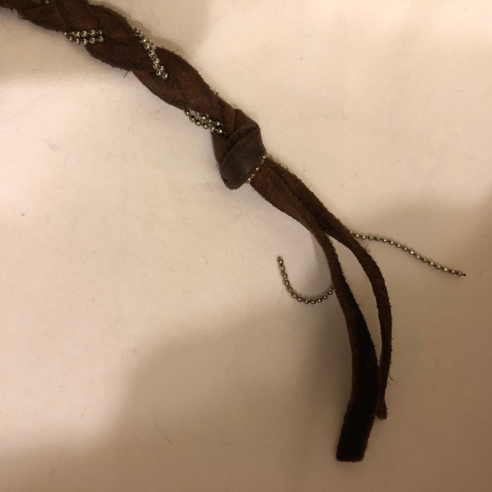 Y2K VTG Sogoli Brown Leather Braided Wrap Bracelet Necklace Gold Ball Chain Boho - Picture 7 of 16